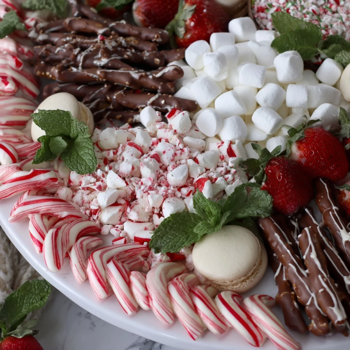 Festive Candy Cane Dessert Platter features a vibrant array of sweet treats, ideal for holiday parties.
