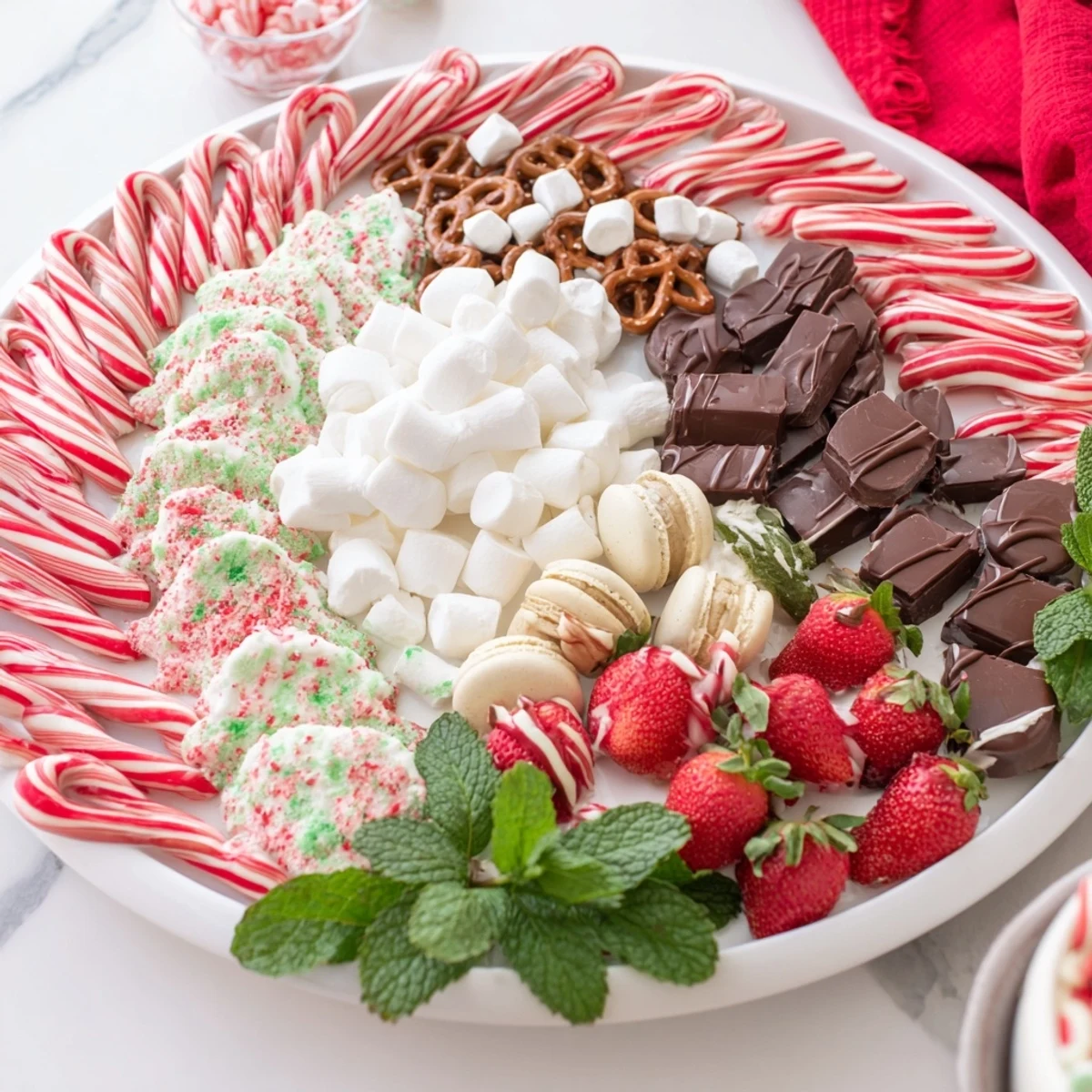 A close-up of a Candy Cane Dessert Platter, showcasing colorful treats and textures for dessert lovers.