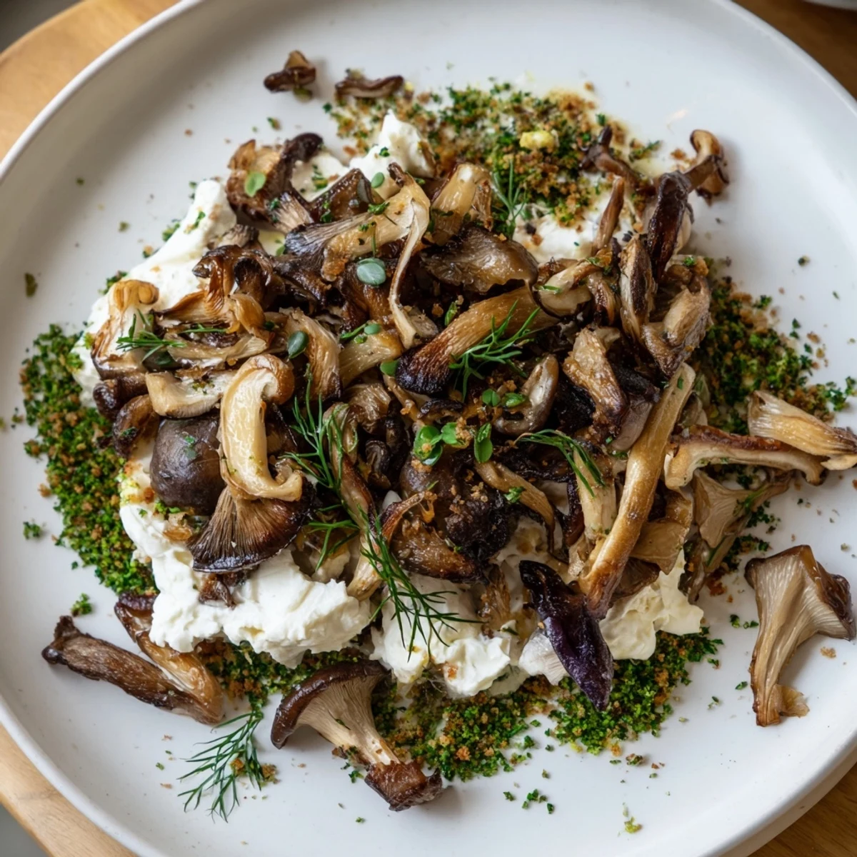 A cottagecore mushroom and moss platter featuring golden sautéed mushrooms, creamy goat cheese and vibrant greens.