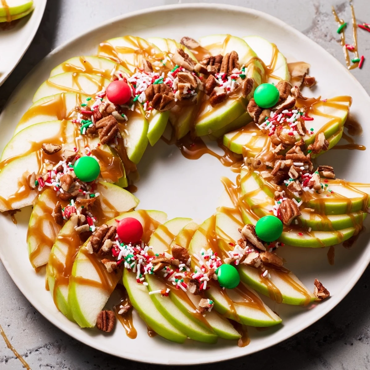 Caramel Apple Slice Christmas Wreath: a festive Christmas dessert with glistening caramel and chocolate drizzle.