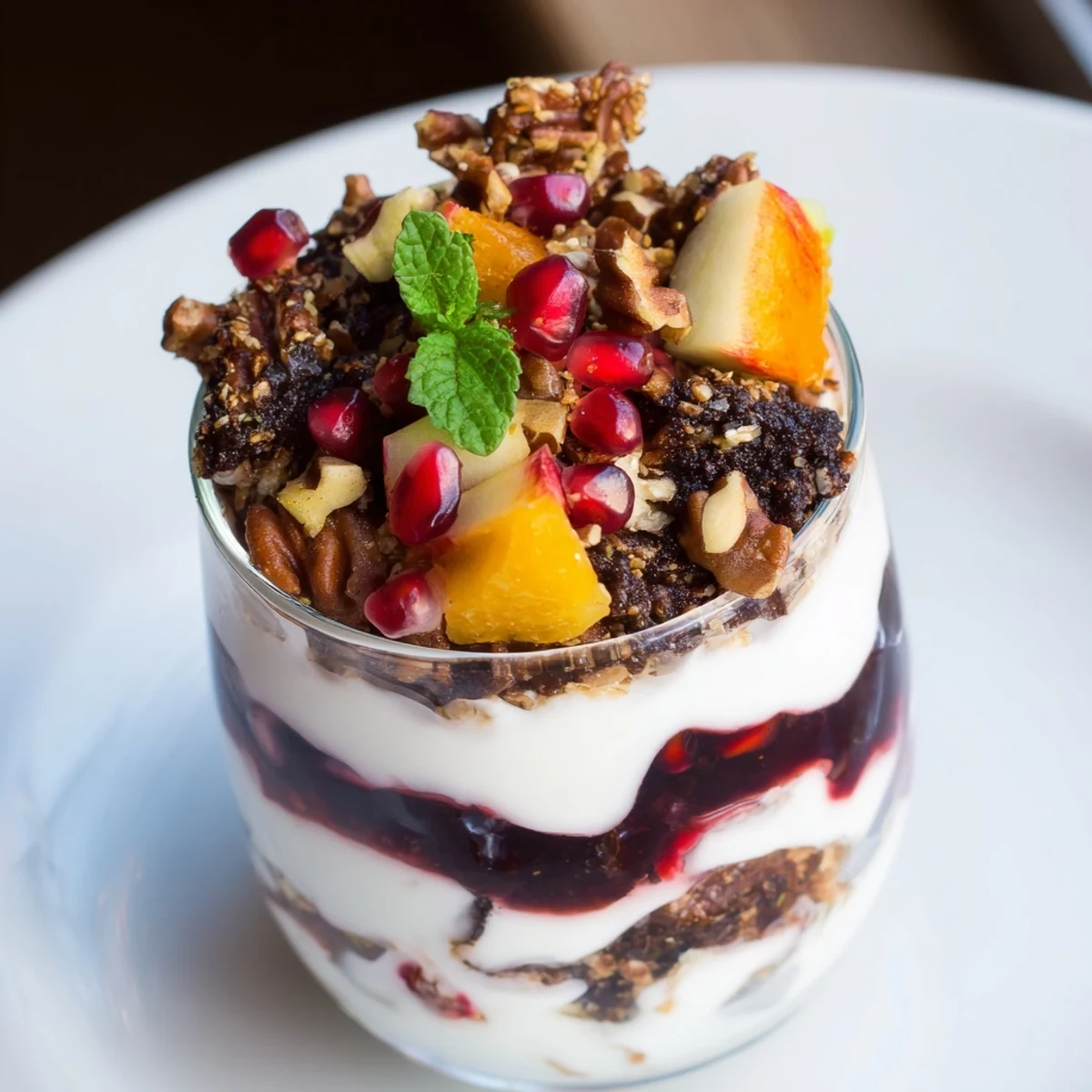 Christmas Pudding Yogurt Parfait Bar layers with red berry compote and crunchy granola, tempting!