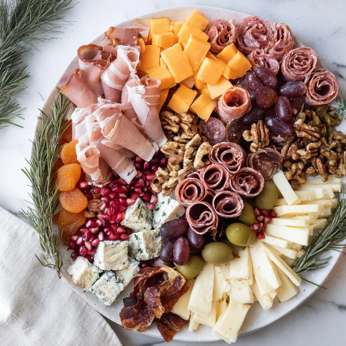 A Winter Forest Charcuterie Scene with meats, cheeses, and rosemary sprigs, visually stunning for entertaining.