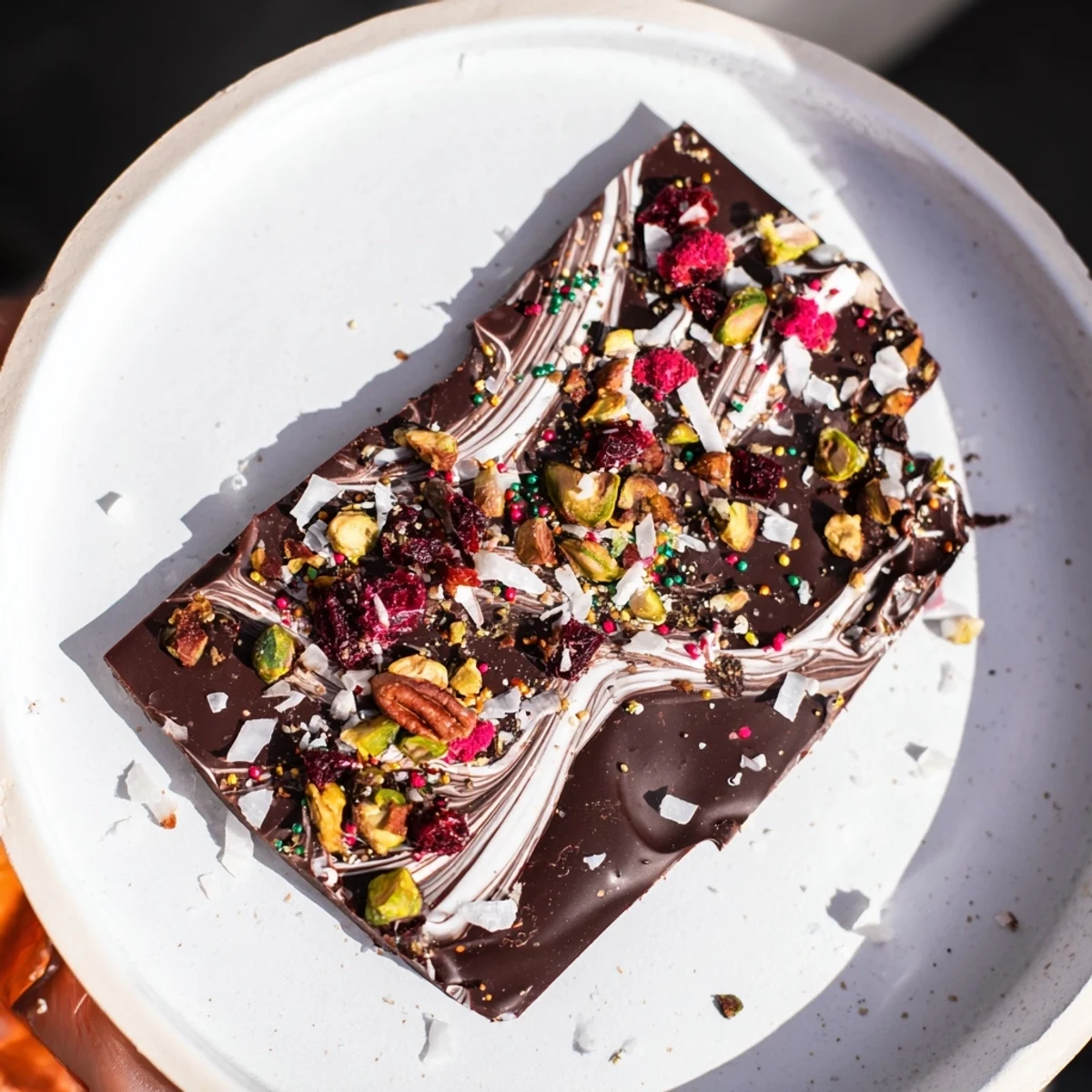 Colorful holiday bark pieces with cranberries and pistachios, ready to be enjoyed at a festive gathering.