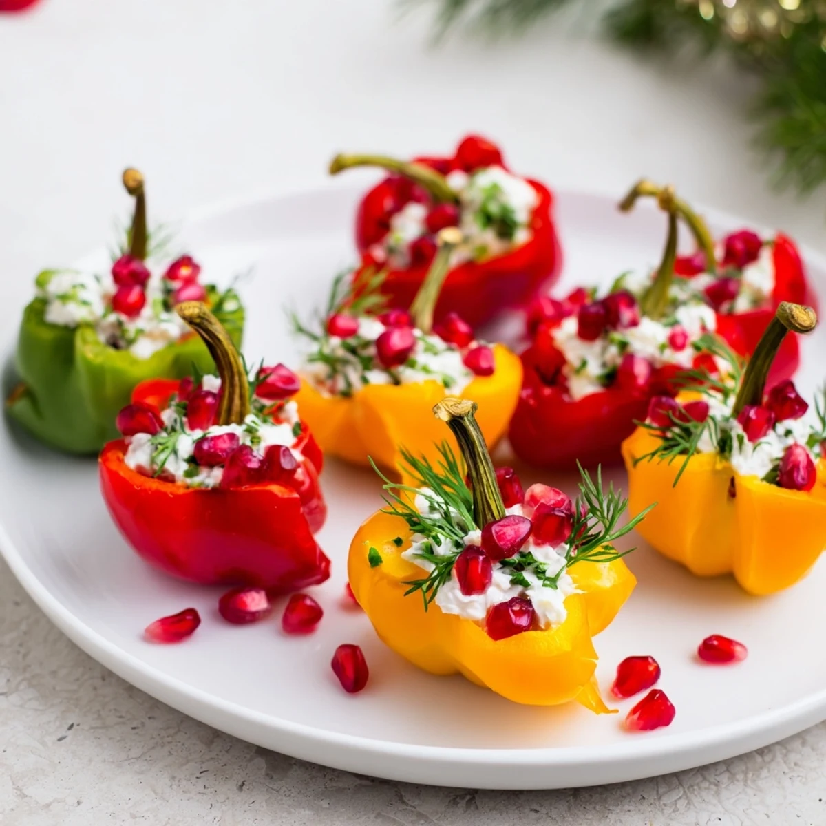 Vibrant bell pepper Christmas bows, a festive appetizer filled with creamy, herbed cream cheese.
