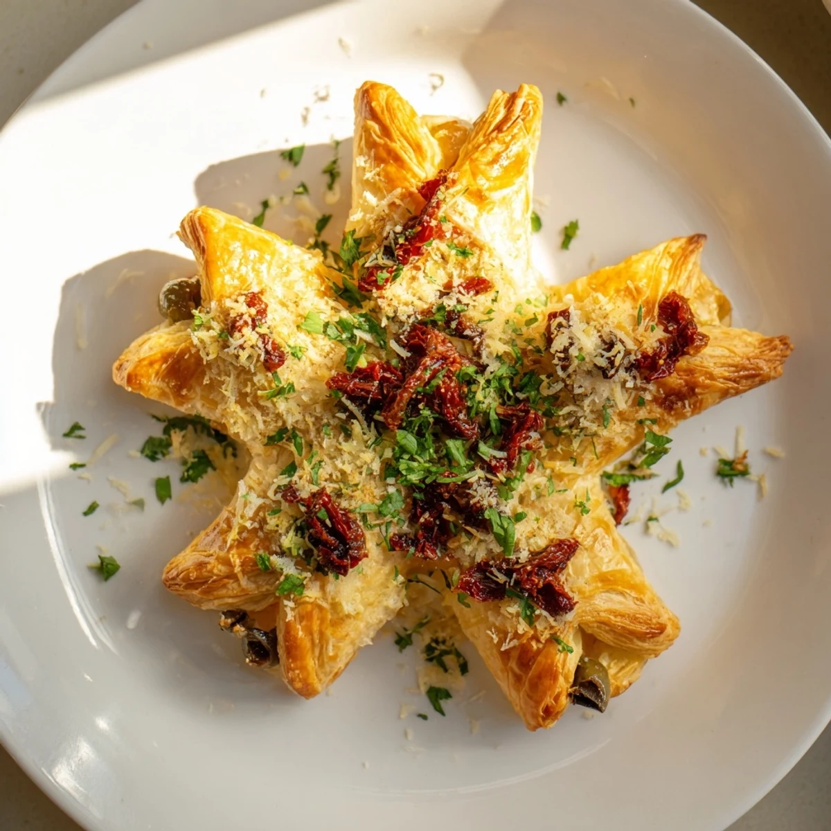 A close-up of the Olive and Sundried Tomato Star Garland, showing off the flaky pastry and flavorful toppings.