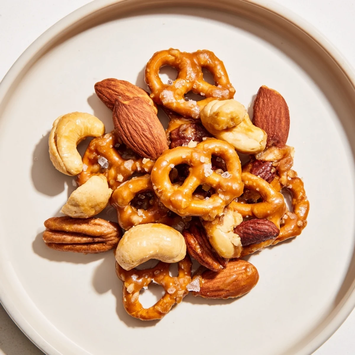 Golden, glistening salted caramel pretzels and nuts – a delicious, sweet and salty snack for sharing.