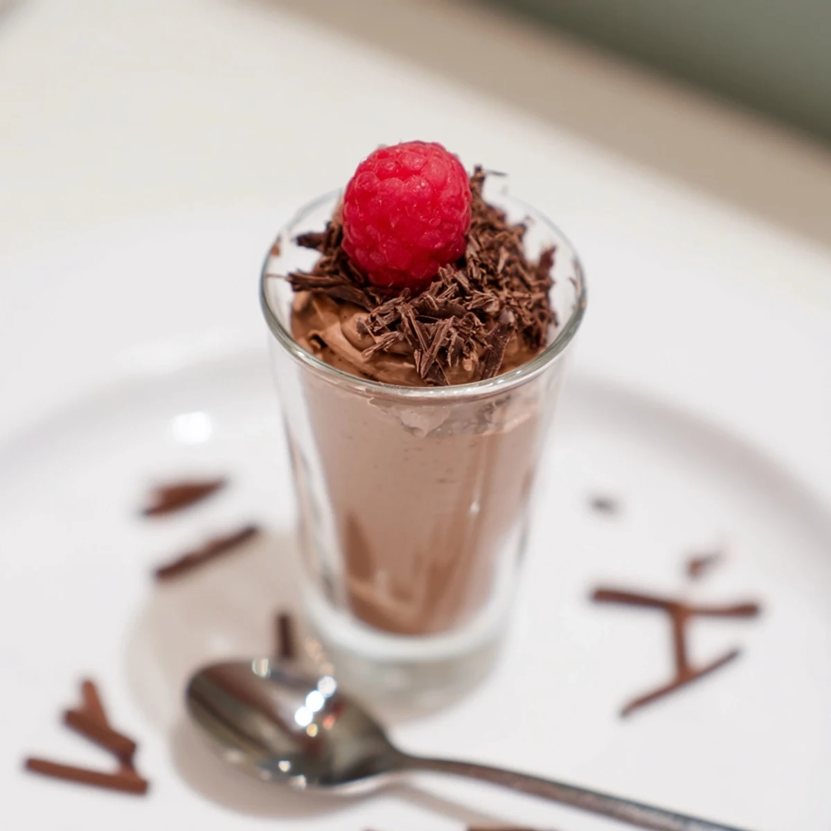 Rich, dark chocolate mousse dessert cups, chilled to perfection, topped with fresh berries and chocolate shavings.