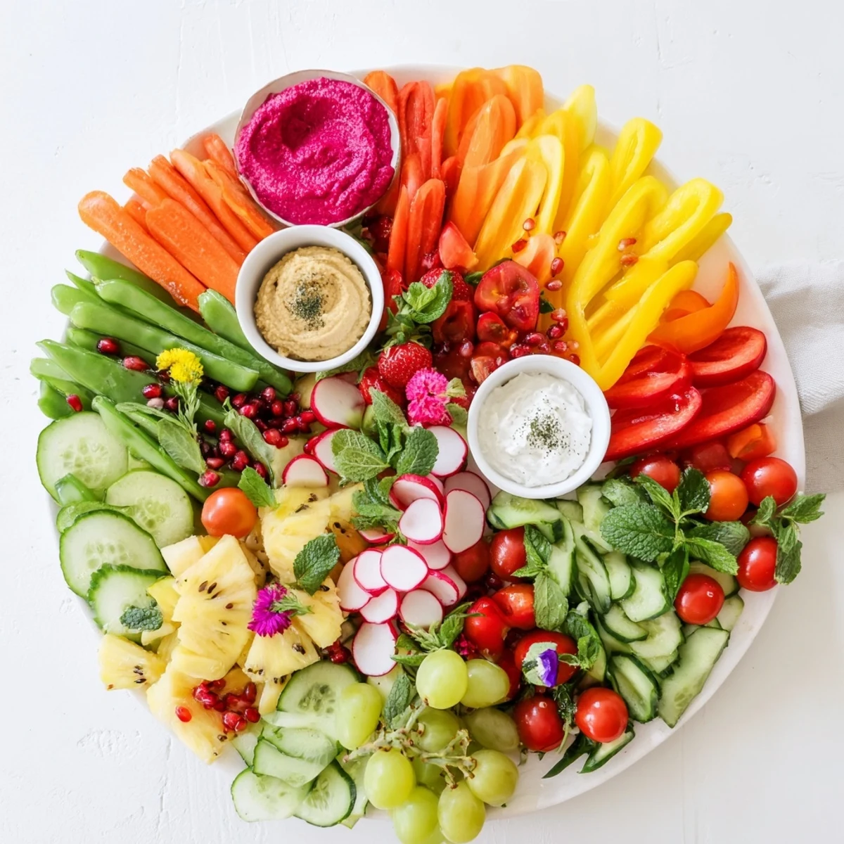 Delectable Vegan Global Gardener Platter features hummus and the freshest vibrant veggie and fruit sections.