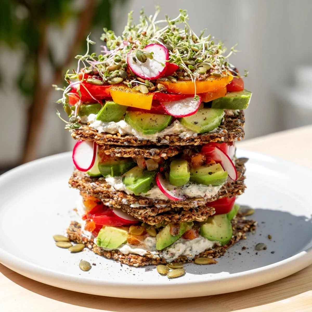 Imagine a towering gluten-free gourmet tower, showcasing toasted bread and crackers with fresh, vibrant toppings.