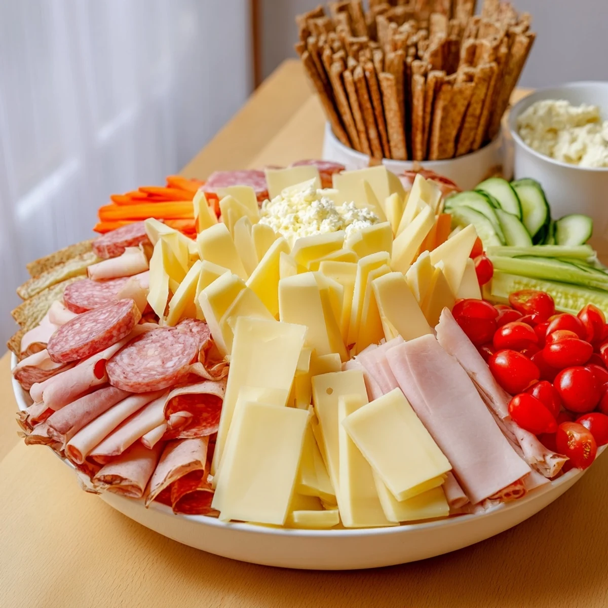 A bountiful Budget-Friendly Family Spread featuring ham, cheese, crackers, and crisp vegetables for sharing.