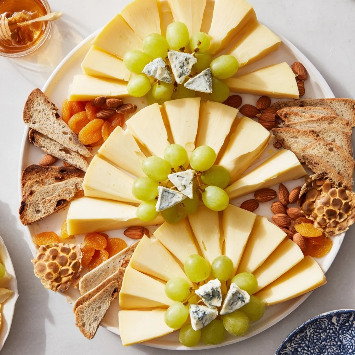 Art Deco Arch Cheese Platter with layered cheese fans and vibrant fruit, ready to serve.