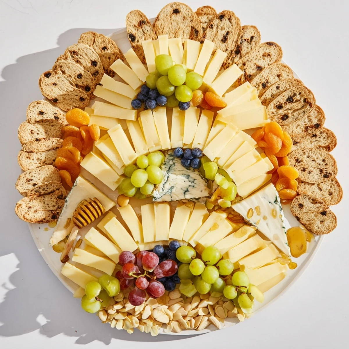 Magnificent Art Deco Arch Cheese Platter: an elegant, tiered arrangement with grapes, almonds, and honey.
