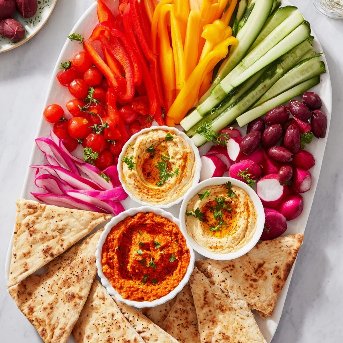 Enjoy a delicious The Moroccan Tent appetizer: a beautiful arrangement with flavorful dips and warm pita bread.