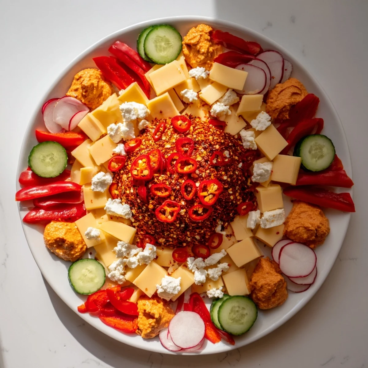 Enjoy the Spicy Hot Take Platter, a beautifully arranged spread of flavorful components for party enjoyment or gatherings.
