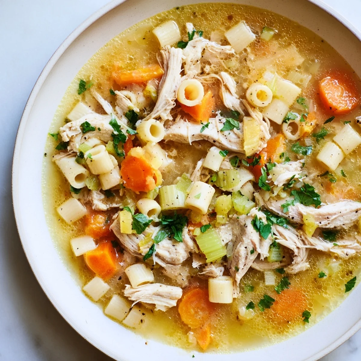 Enjoy a spoonful of flavorful Chicken and Ditalini Flu Fighter Soup—a comforting American classic.
