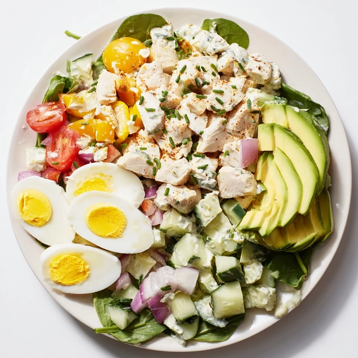 High-Protein Chicken and Egg Salad, a vibrant mix with juicy chicken and creamy eggs.