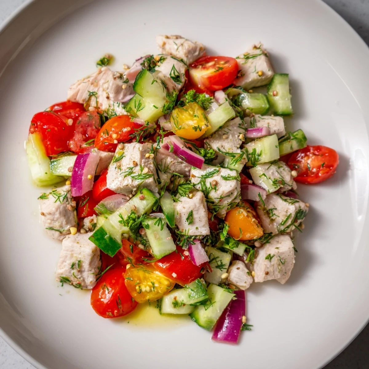 Close-up of fresh Cucumber and Chicken Clean Shaker salad, vibrant with herbs and a zesty dressing.