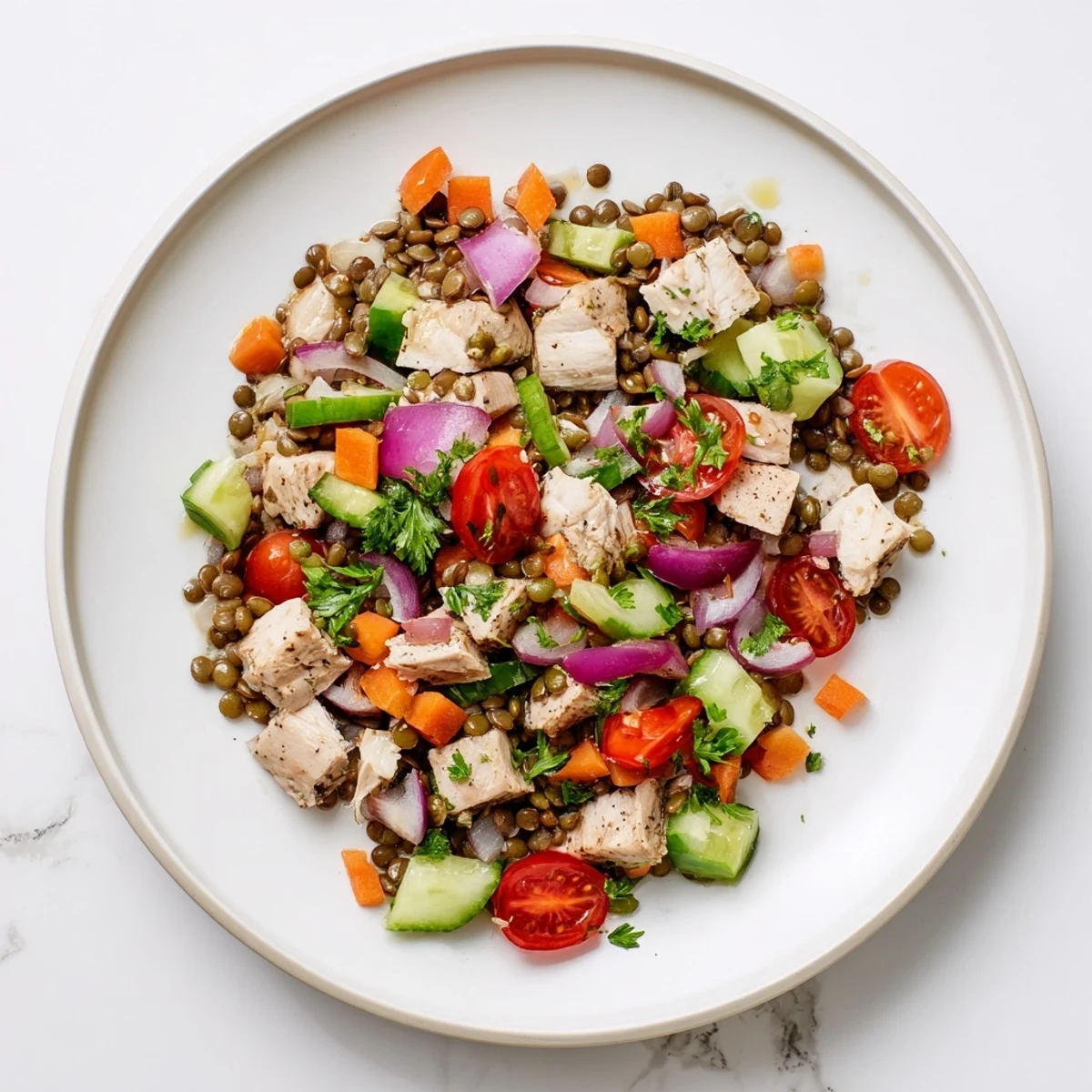Vibrant Chicken and Lentil Recession Salad, showcasing tender chicken and fresh vegetables with a zesty dressing.