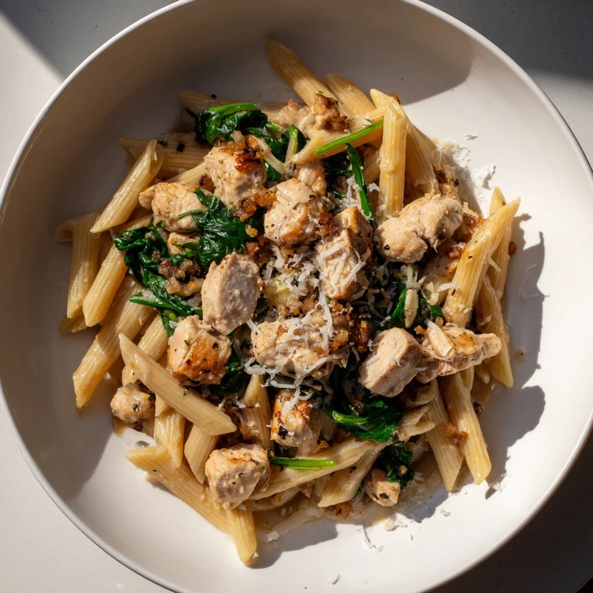 Steaming bowl of One-Pot Spinach and Chicken Pasta, creamy and perfectly cooked, ready to enjoy.