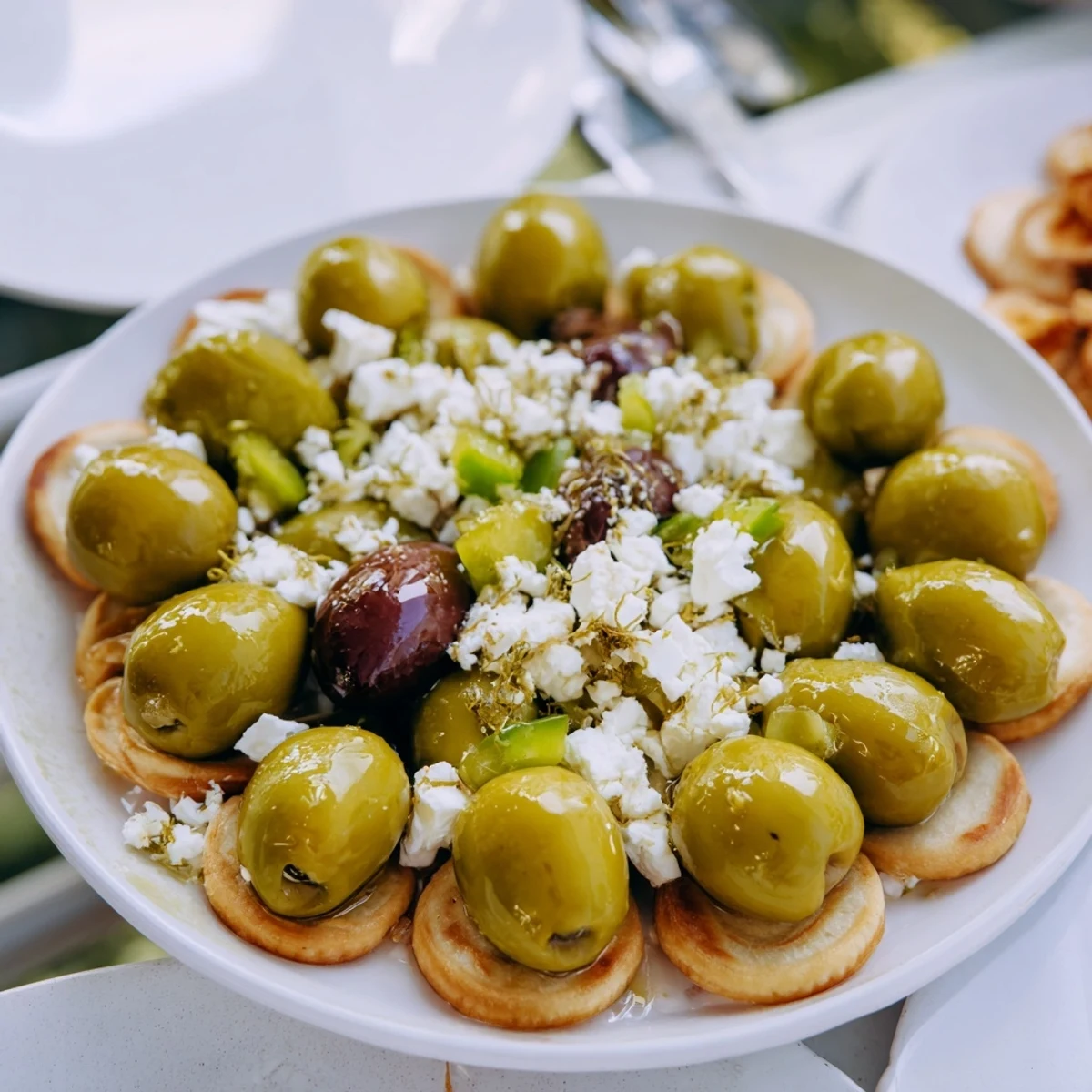 Delectable Cobblestone Courtyard appetizer with perfectly arranged crackers and olives, ready to serve.