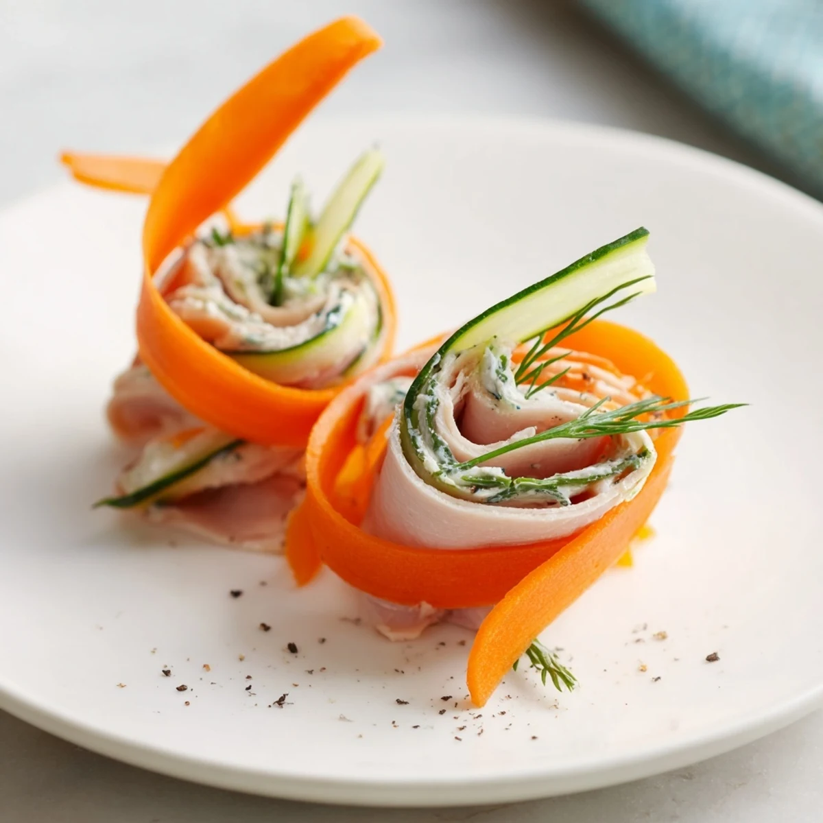 Delicate ribbons of carrot and cucumber wrap the savory smoked turkey in Ribbon Dancer.