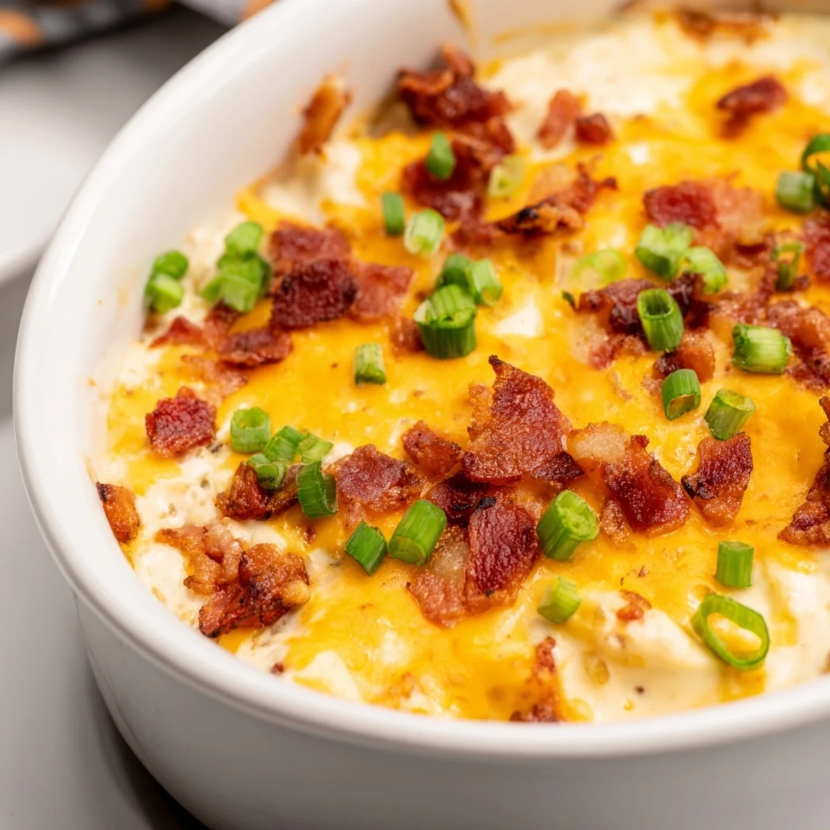 Cheesy Bacon Ranch Dip: A bubbling, golden-brown dip with crispy bacon and melted cheese, ready to serve.