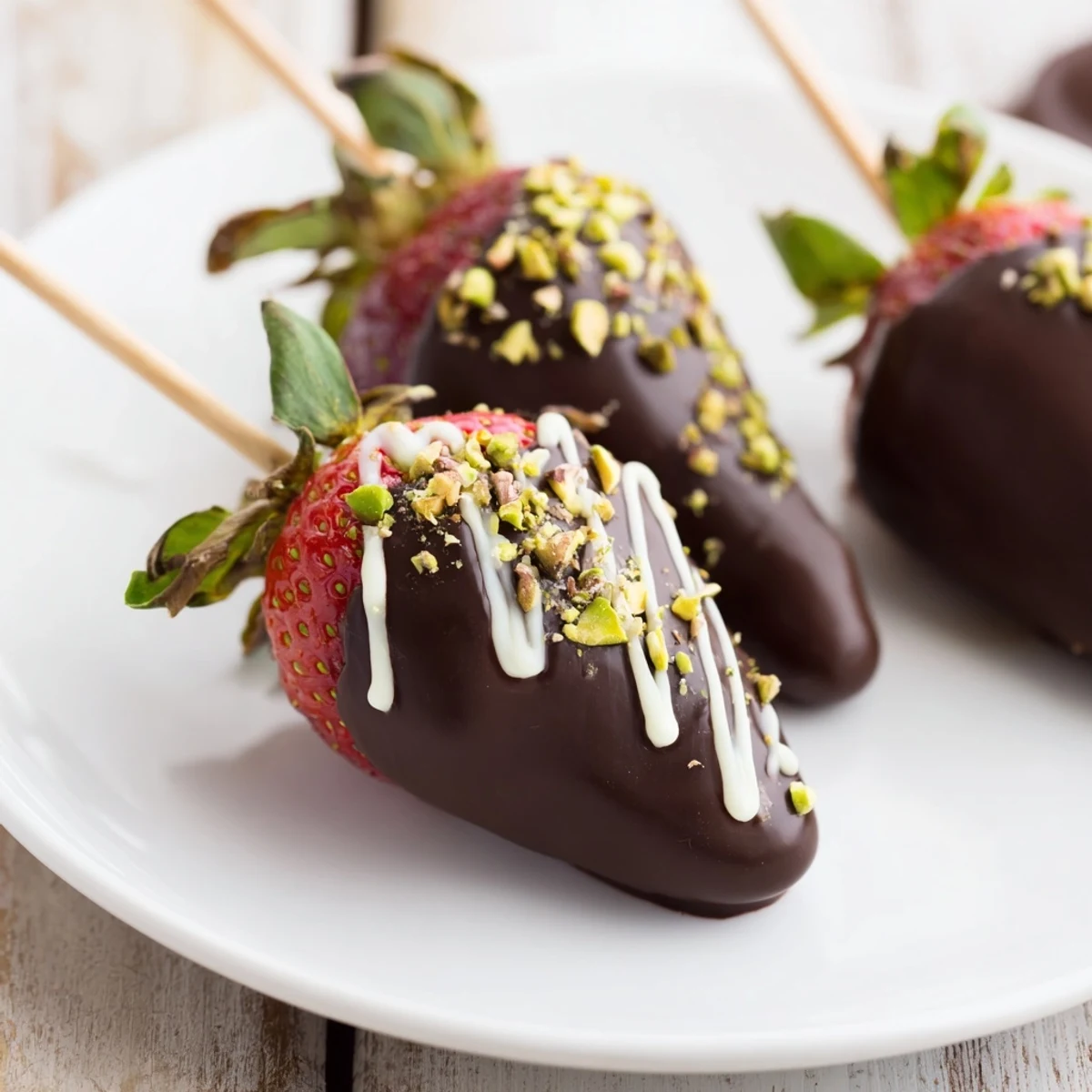 Juicy Chocolate-Dipped Strawberry Skewers glistening with melted chocolate, ready for a sweet bite.
