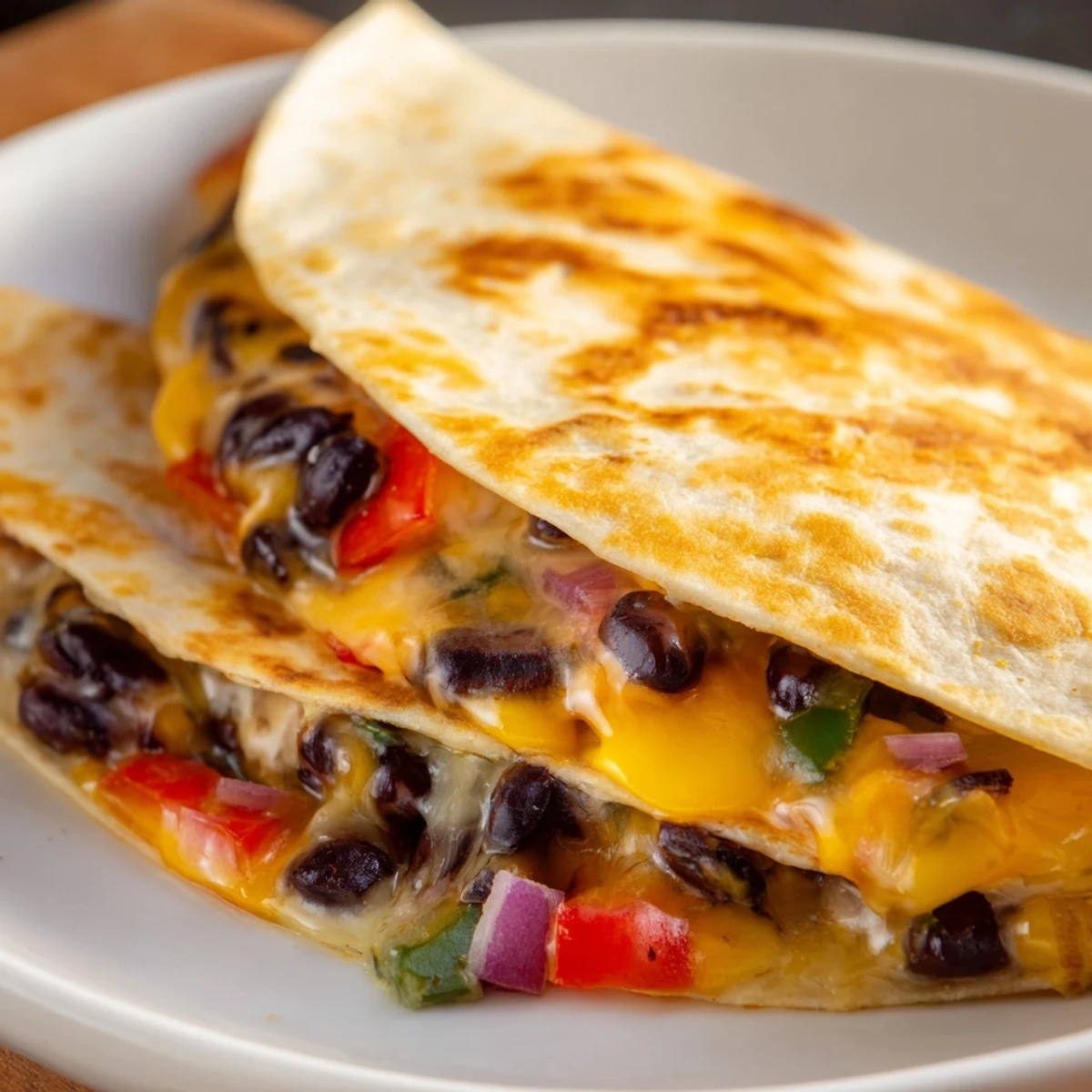 A sizzling pan shows a perfectly folded Black Bean Quesadilla with crispy, browned tortilla edges.