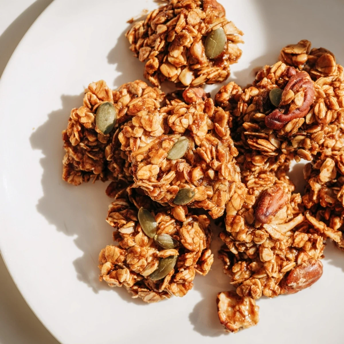 Golden, crunchy Honey Nut Granola Clusters with a hint of cinnamon, perfect for a breakfast treat.