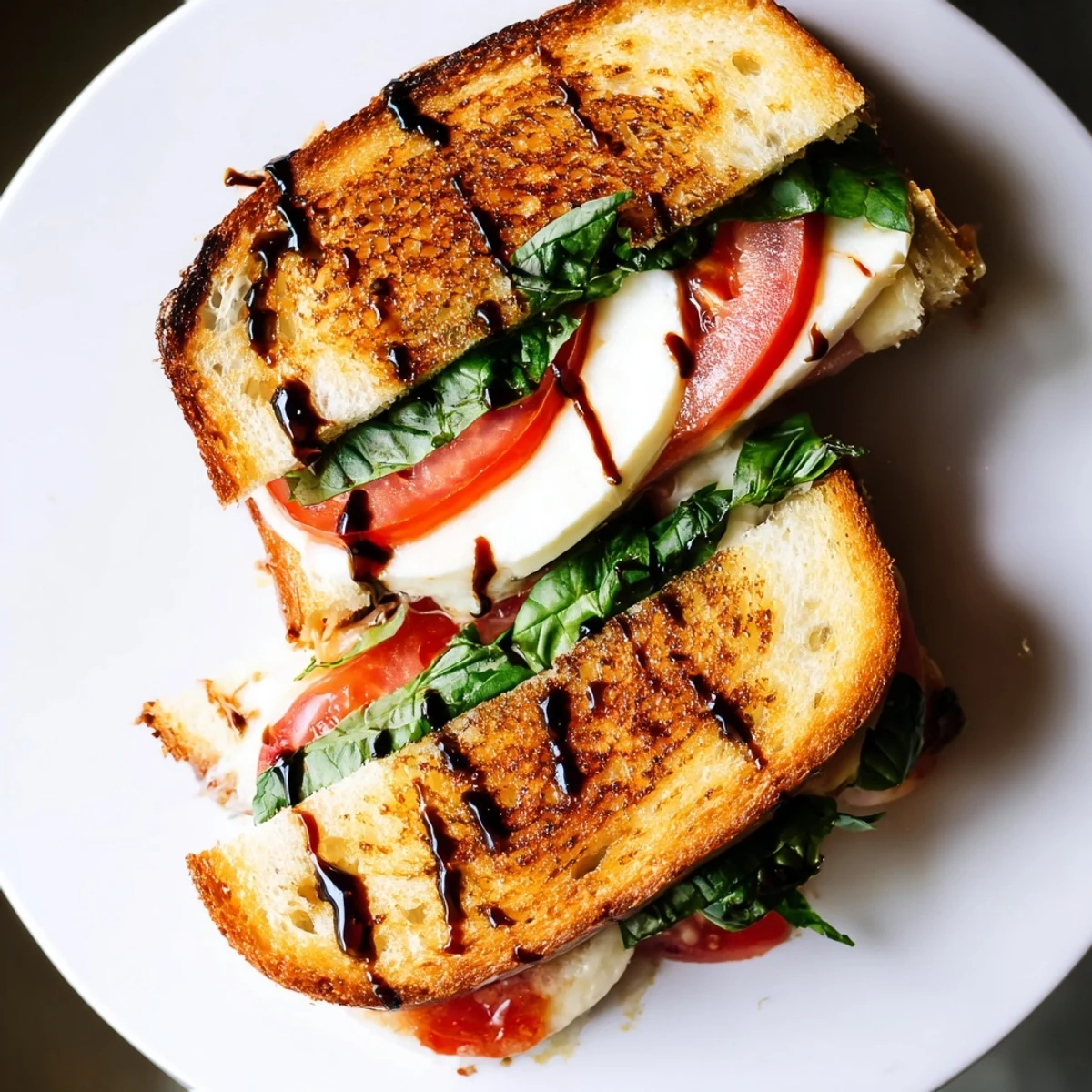 Warm, gooey Caprese Salad Grilled Cheese oozing with mozzarella and basil, a comforting Italian-American meal.