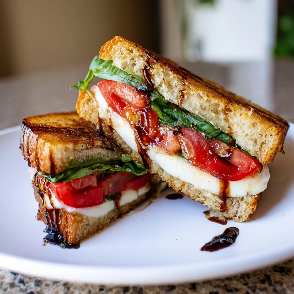 Golden, bubbly Caprese Salad Grilled Cheese with melted mozzarella and ripe tomatoes, ready to enjoy.