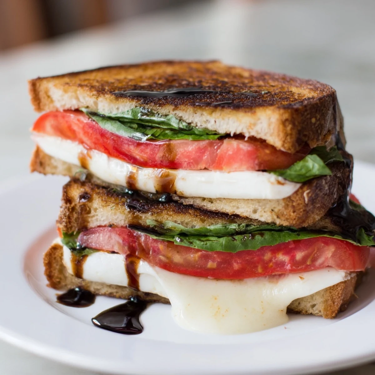 Picture a crispy, perfectly grilled Caprese Salad Grilled Cheese, drizzled with balsamic glaze for a delicious lunch.
