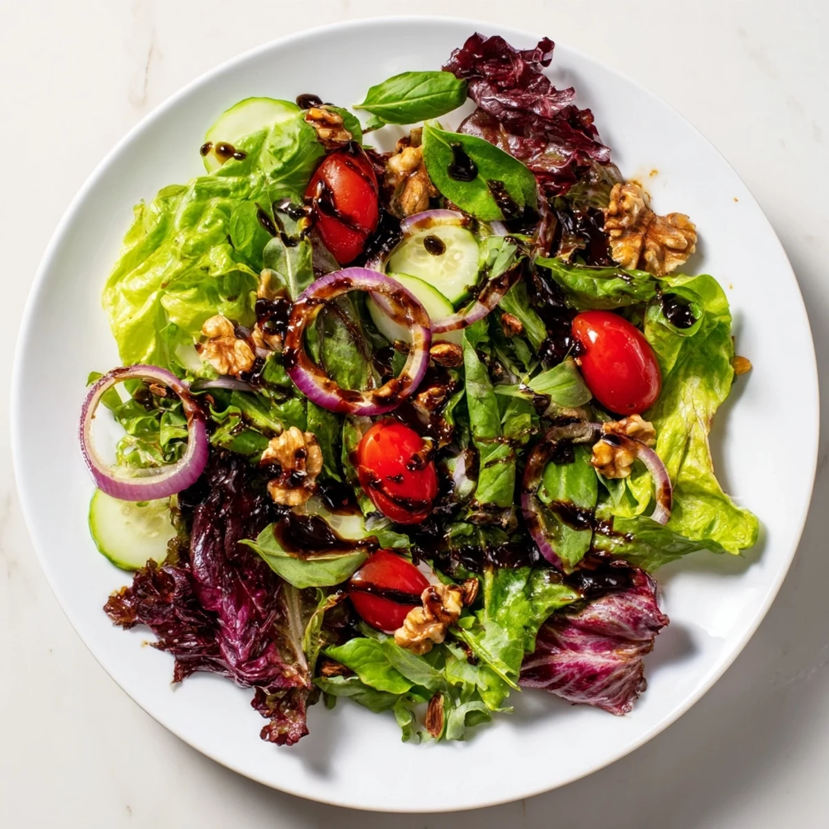 Fresh, vibrant Quick Balsamic Vinegar Salad, tossed in a tangy balsamic glaze, ready to serve and enjoy.