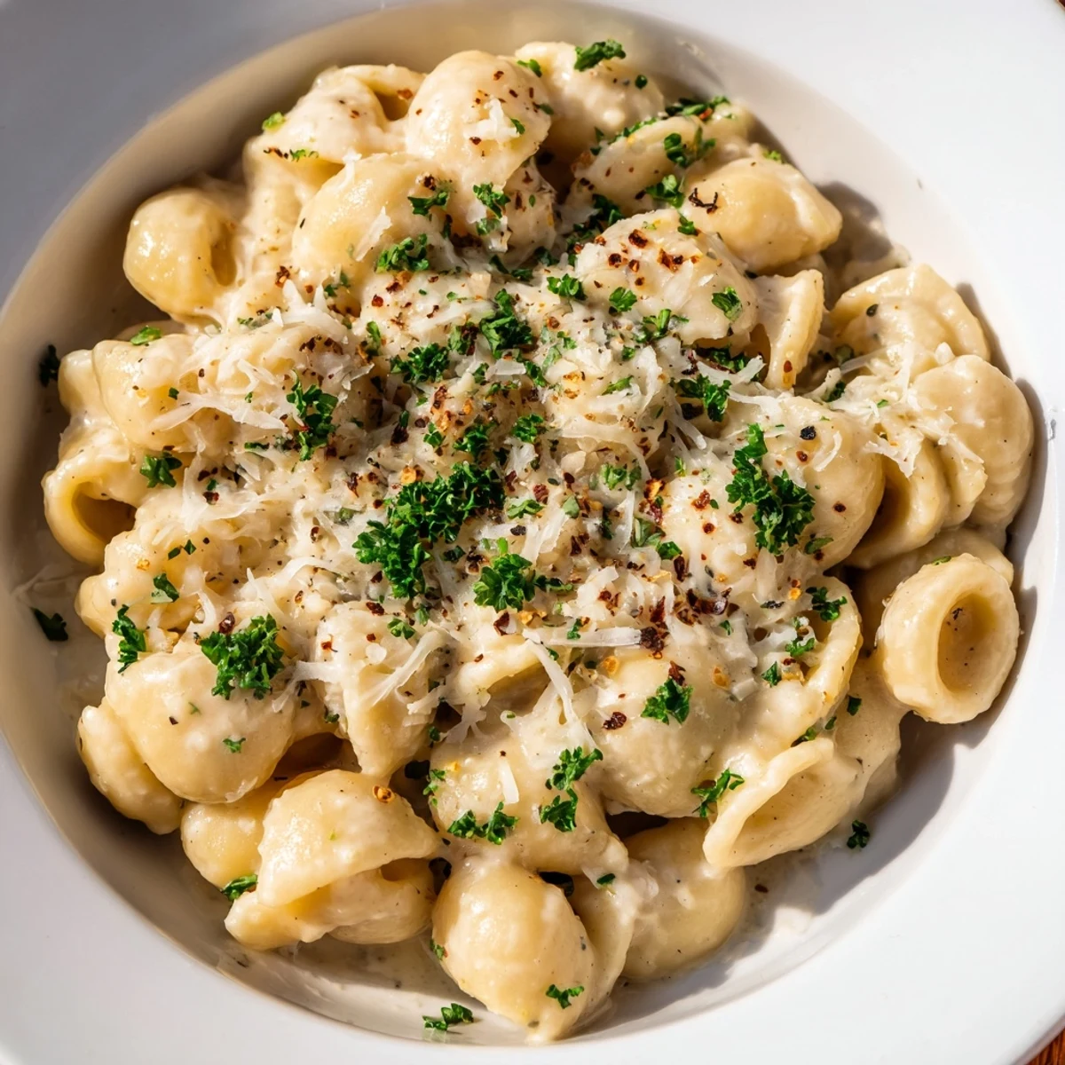 Steaming bowl of creamy garlic ditalini pasta, garnished with fresh parsley and Parmesan cheese.