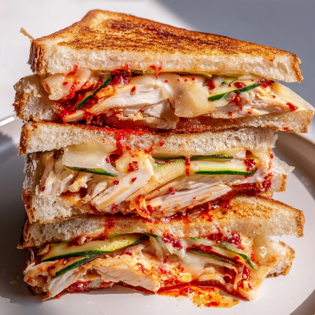 Golden-brown sourdough cradles a spicy Gochujang Mayo Chicken Sandwich ready for a satisfying bite.