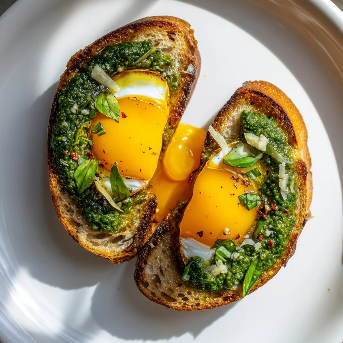 Golden sourdough toast topped with halved pesto eggs, a vibrant and easy breakfast creation.