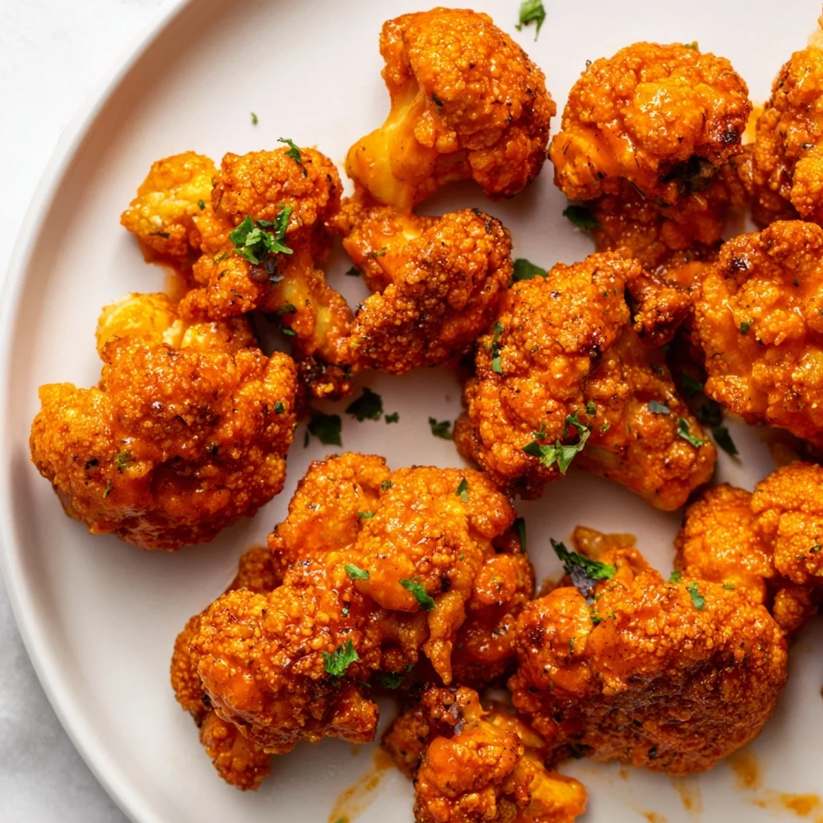 Golden-brown and crispy Buffalo Cauliflower Bites ready to be dipped and enjoyed, a delicious vegan appetizer.