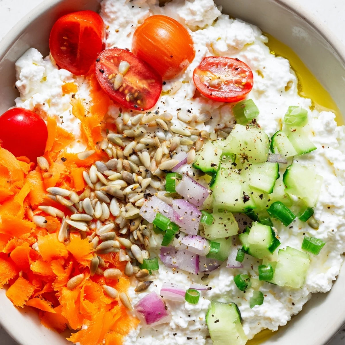 Creamy cottage cheese snack bowl with fresh veggies, crunchy seeds, and flavorful toppings, ready to enjoy.