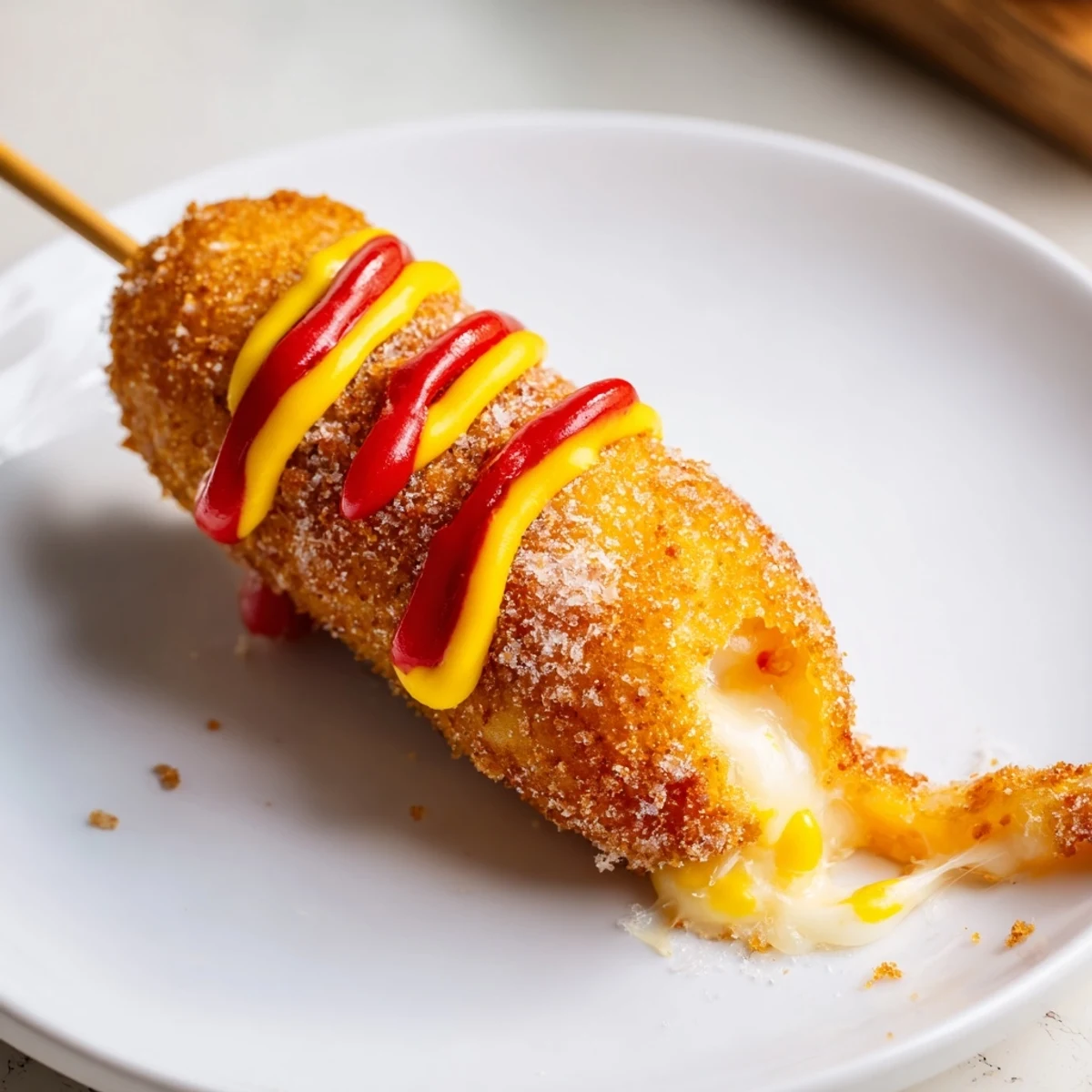 Golden-brown Cheesy Korean Corn Dogs, freshly fried with a crispy panko crust, ready to enjoy.
