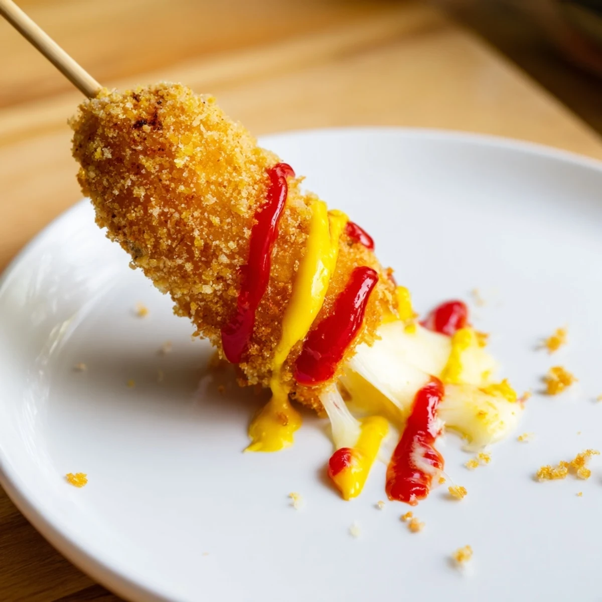 Sweet sugar-dusted Cheesy Korean Corn Dogs, a delicious street food snack with gooey mozzarella.