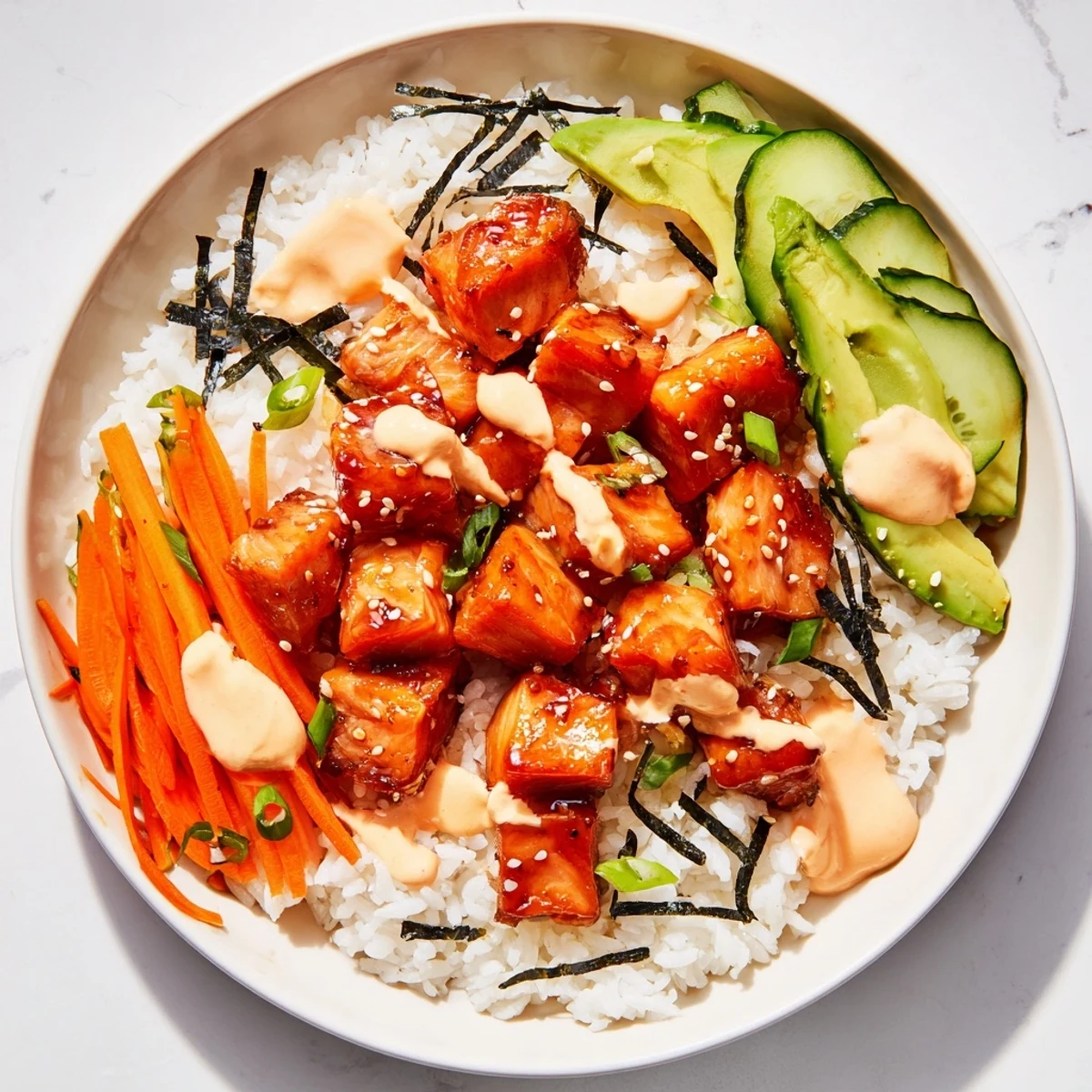 Tender teriyaki salmon rice bowl, beautifully plated with colorful fresh vegetables and creamy sriracha mayo.