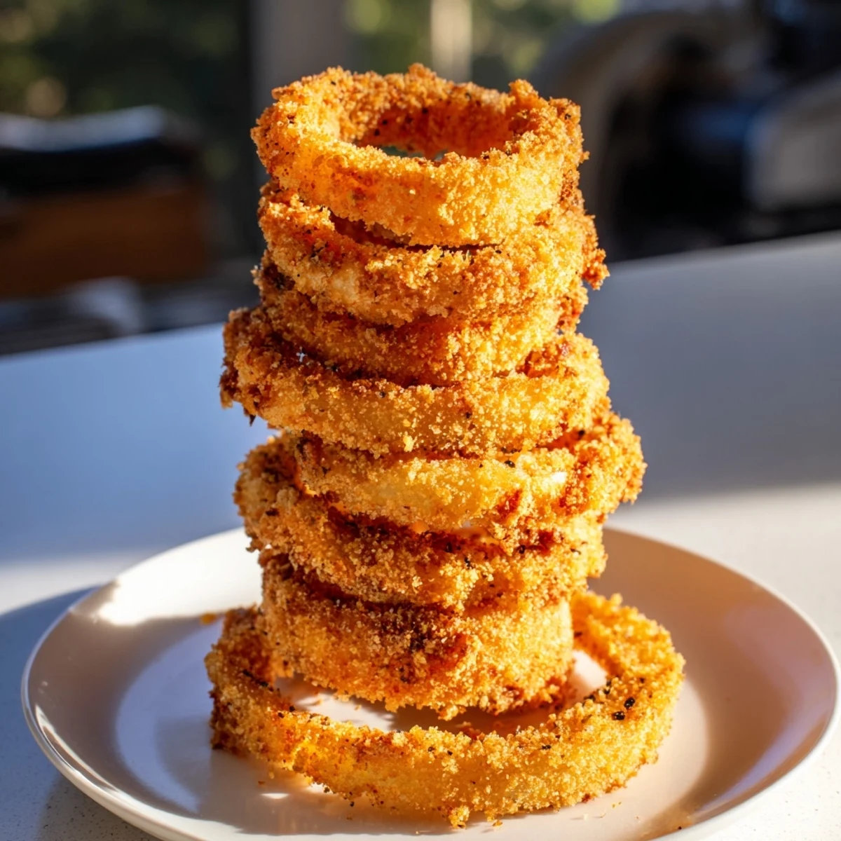 Golden and crispy, a towering stack of freshly fried Crispy Onion Rings, ready to devour!