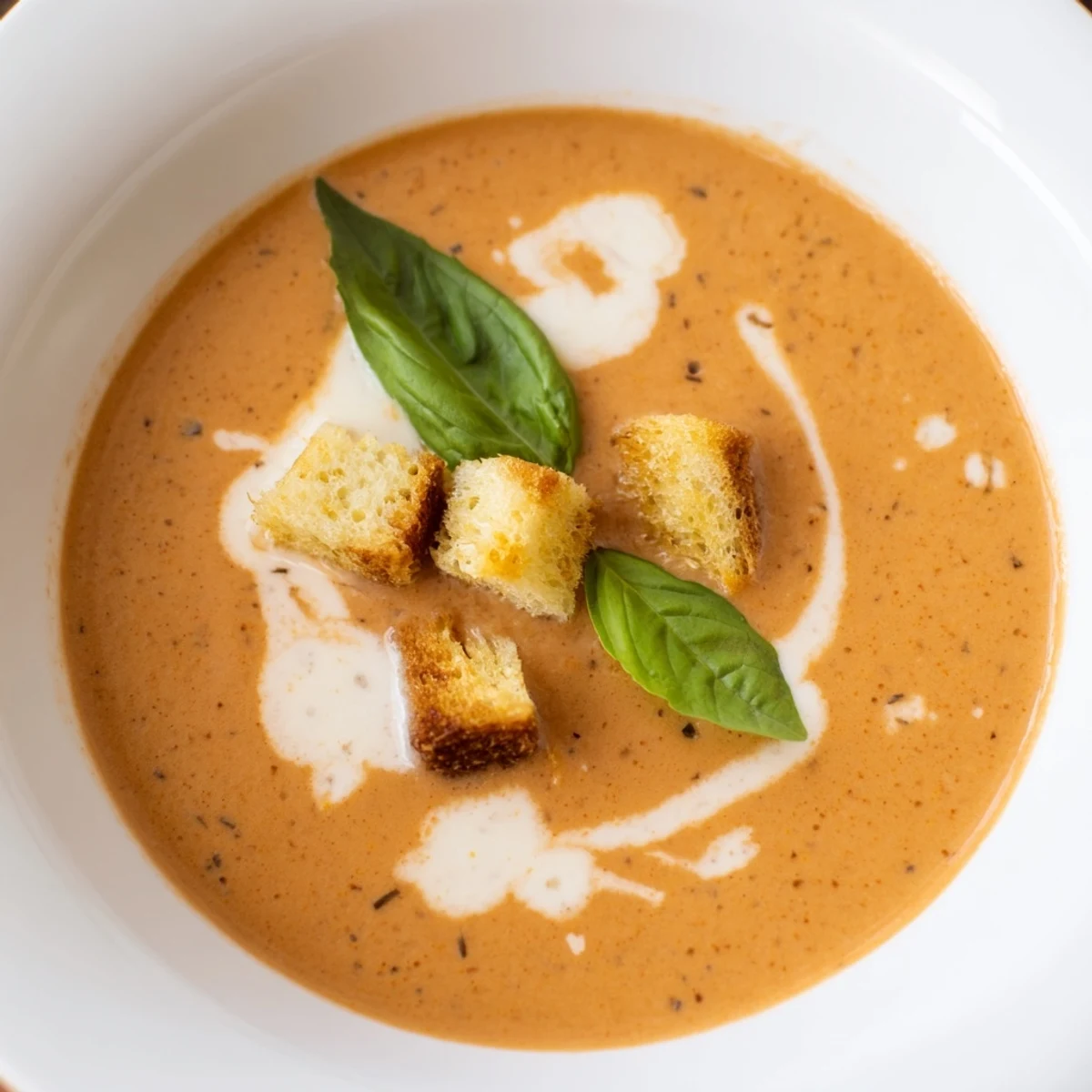 Creamy Roasted Garlic Tomato Soup, a hearty, warm bowl served with fresh basil garnish.