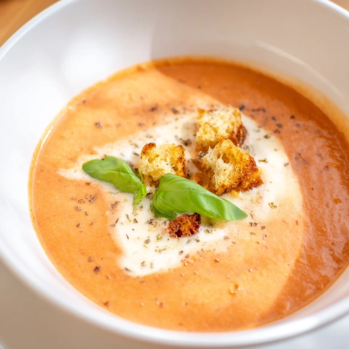 A close-up of the Creamy Roasted Garlic Tomato Soup, showcasing its rich, velvety texture.