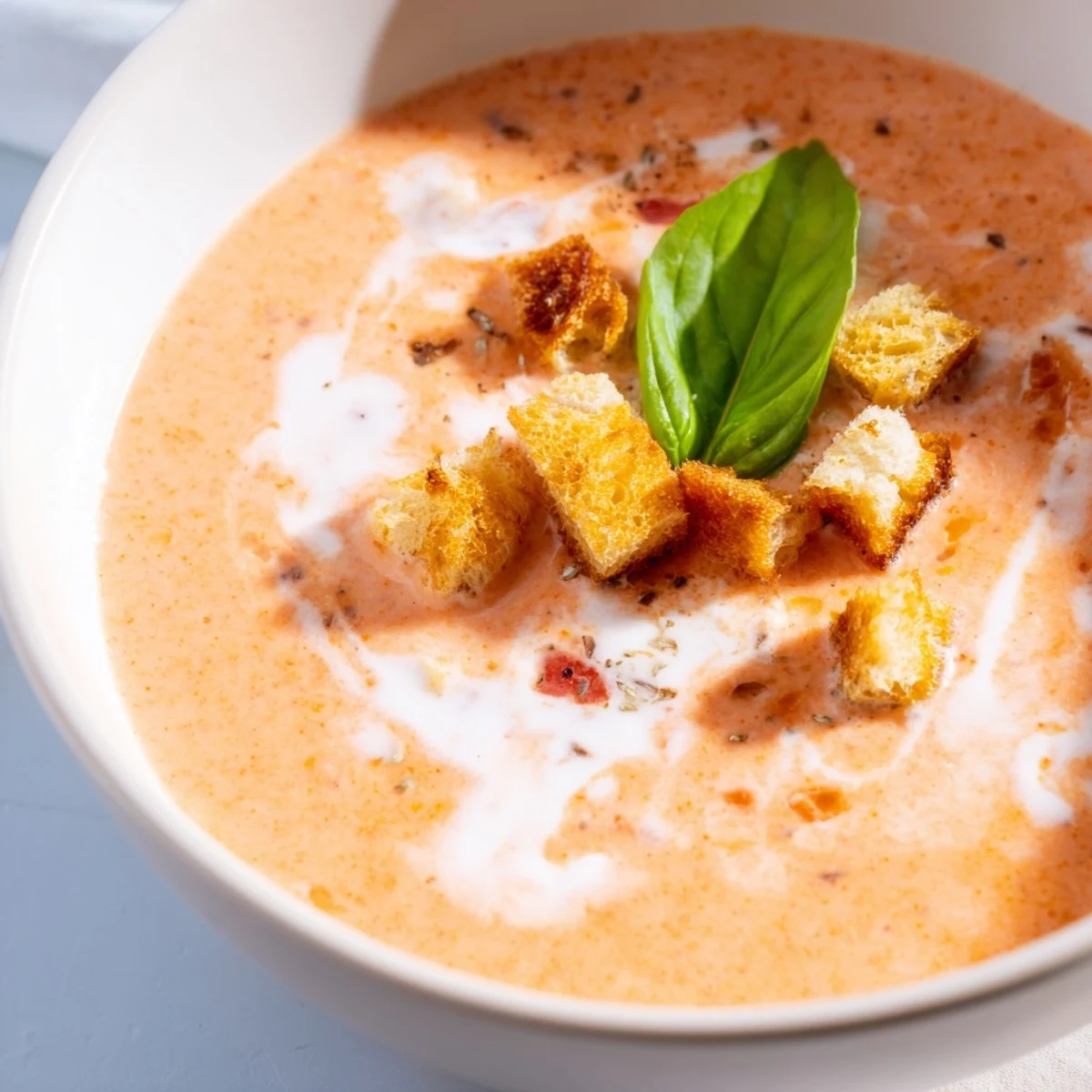 Enjoy a steaming bowl of homemade Creamy Roasted Garlic Tomato Soup, perfect comfort food.