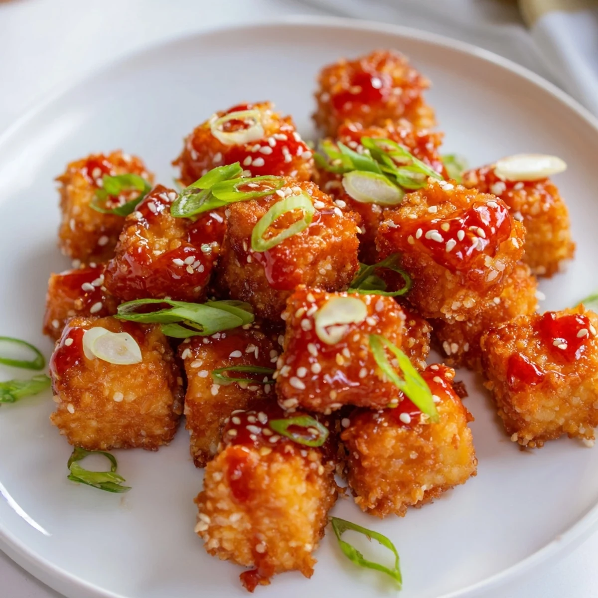 Crispy bite-sized Honey Sriracha Tofu Nuggets, coated in a sweet and spicy glaze.