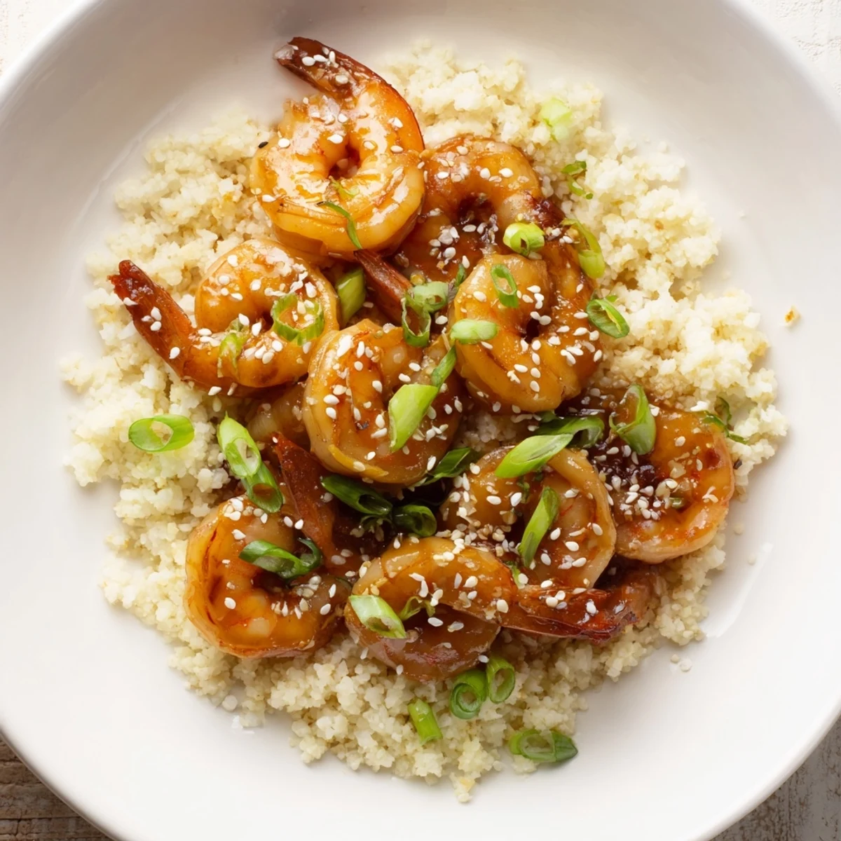 Vibrant ginger garlic shrimp bowls served with fluffy cauliflower rice, drizzled with savory soy sauce.
