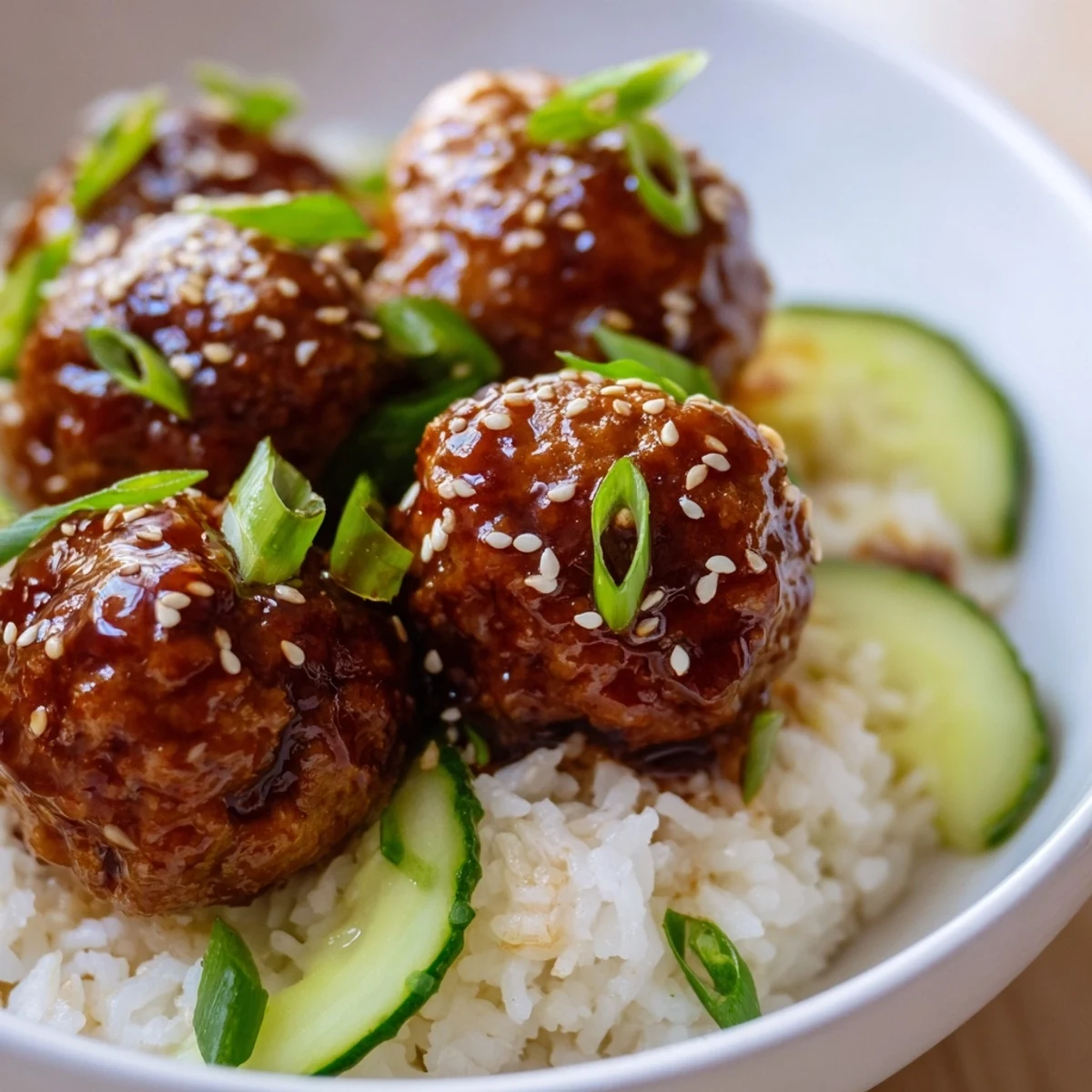 Savory teriyaki meatball bowls gleaming with sauce, served over fluffy rice, a delicious meal.