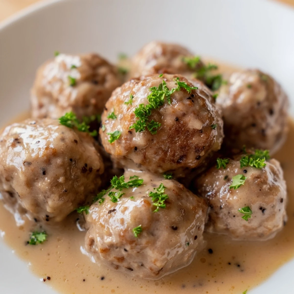 Golden-brown Swedish Meatballs swimming in a creamy, savory gravy, ready to be served and enjoyed.