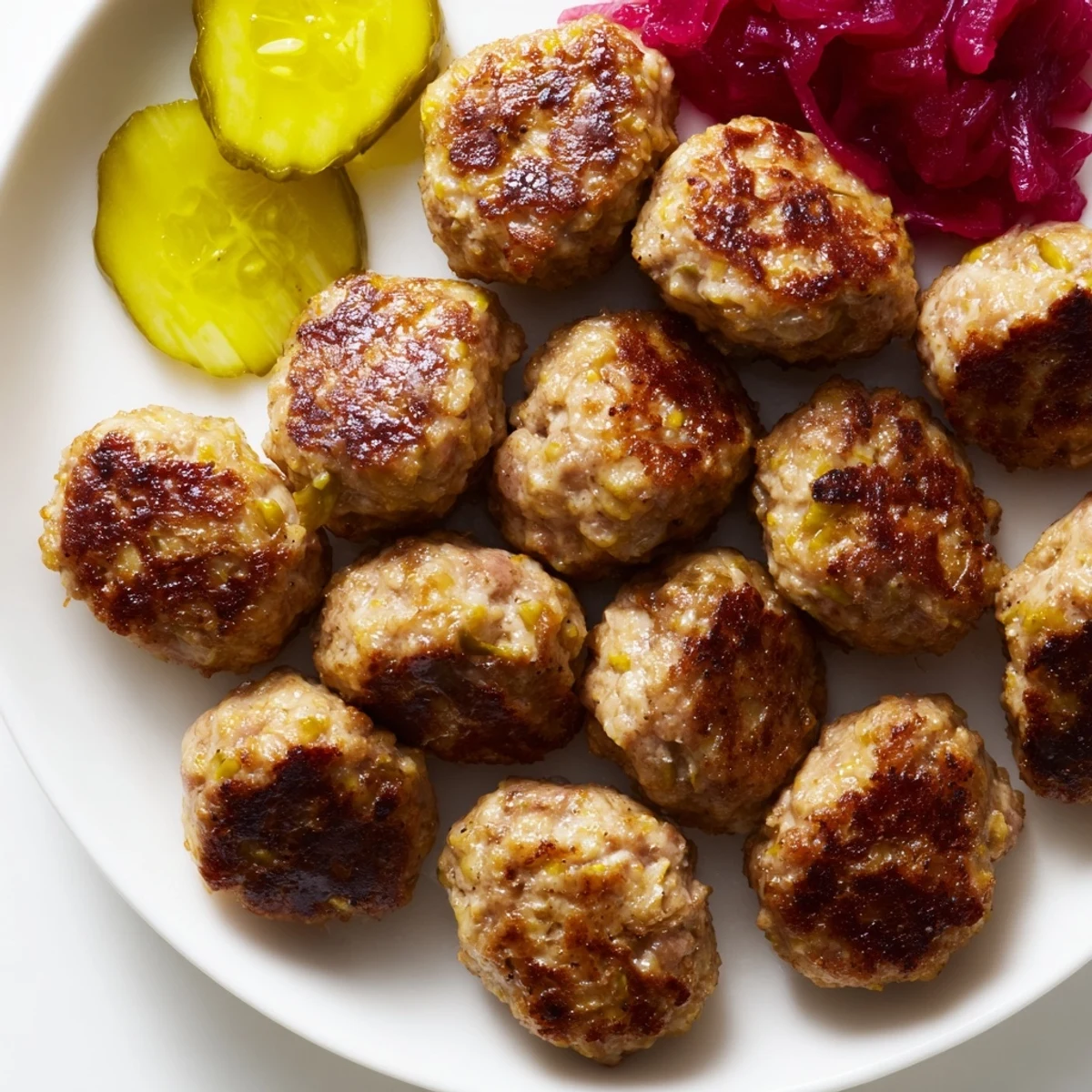 Golden-brown Danish frikadeller, perfectly pan-fried and ready to be served with traditional, tangy pickles.